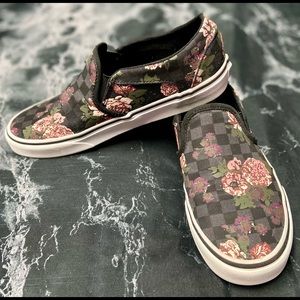 Floral Grey Black Checkerboard Slip On Vans